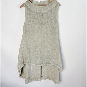 Inizio Linen Tunic Dress High Low Boat Neck Light Green Boho Lagenlook Women L